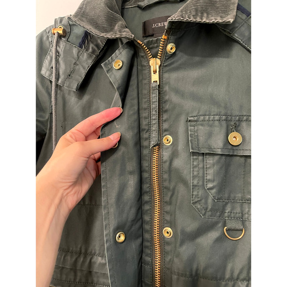 J Crew XS Waxed Cotton $240 Long Military Field Coat Hood Barn Jacket Army Green - Picture 7 of 13